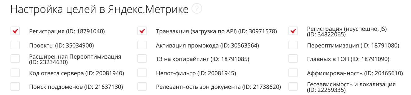 Выбор целей из Яндекс.Метрики для отслеживания