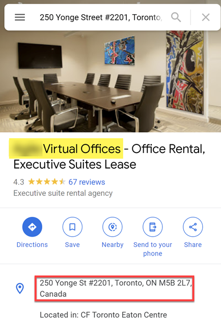 Пример использования адреса виртуального офиса компании в Google Мой бизнес