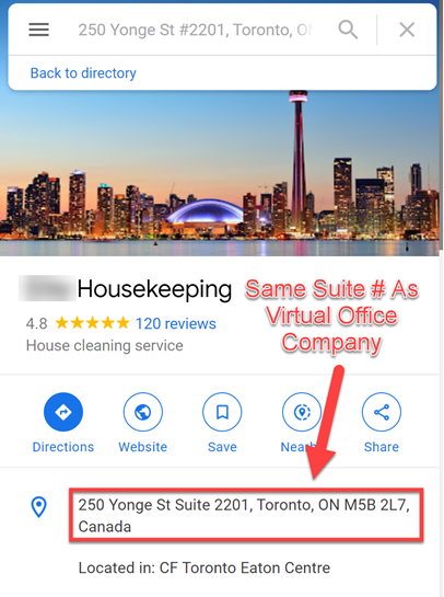 Пример использования адреса виртуального офиса компании в Google Мой бизнес