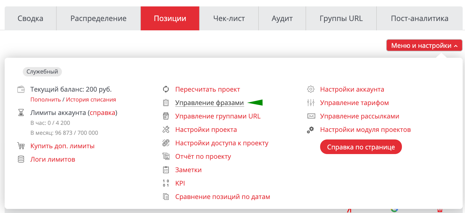 Управление SEO-проектом: быстрый импорт ключевых фраз, настройка группы и продвигаемого URL