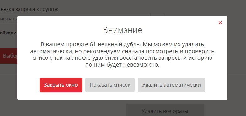 Поиск и удаление дублей запросов в модуле ведения SEO-проектов